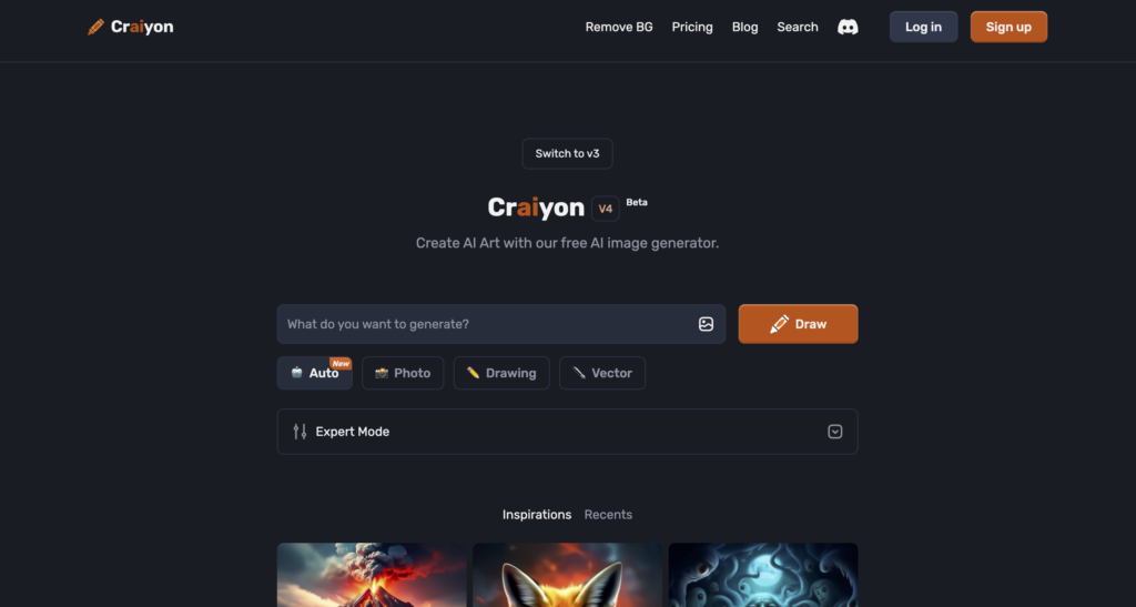 Craiyon homepage showcasing an AI-driven image generator tool with options to create photos, drawings, and vector art quickly for diverse creative needs.